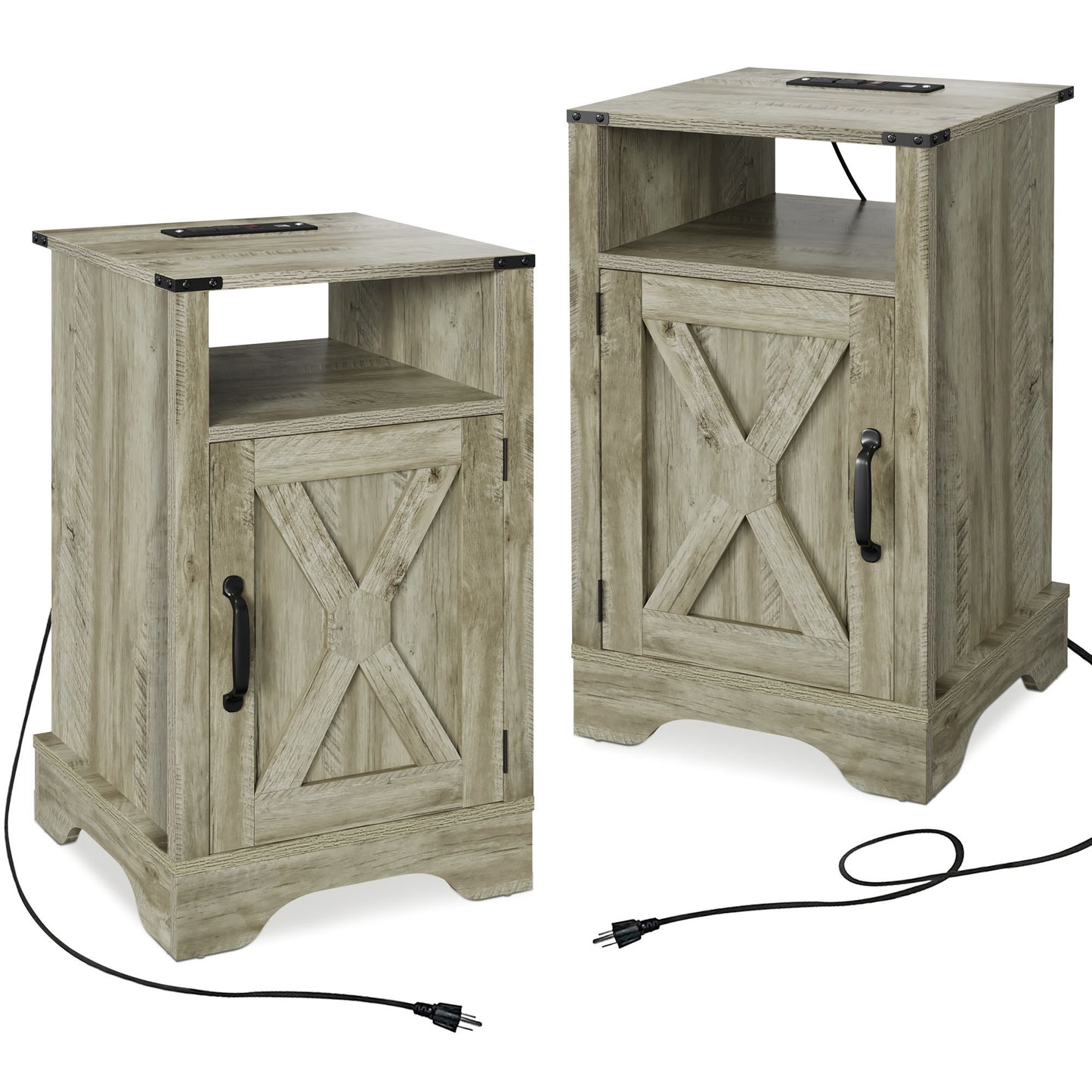 X Wooden Nightstand with Electrical Outlets Charging Station (2 Sets) - Light Gray