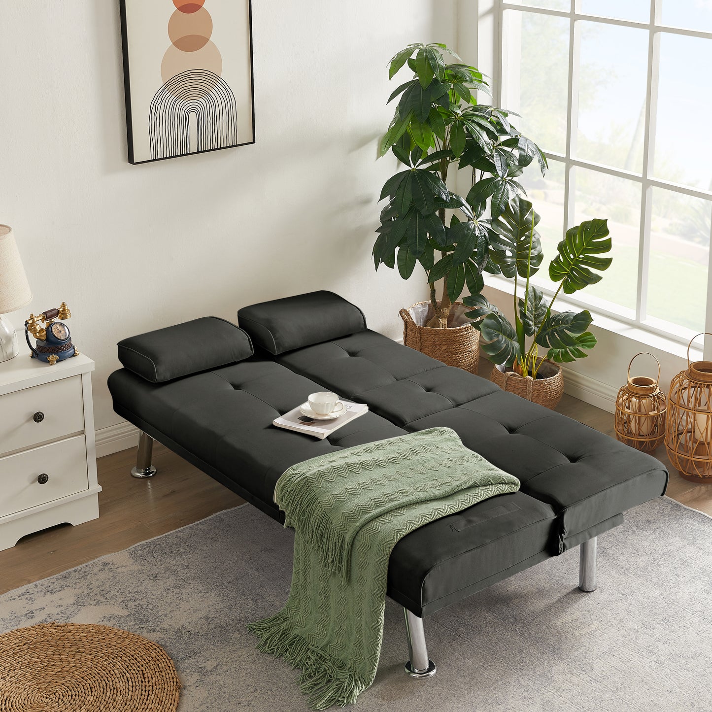 Yukon Fabric Futon Sofa Bed with Metal Legs - Dark Gray
