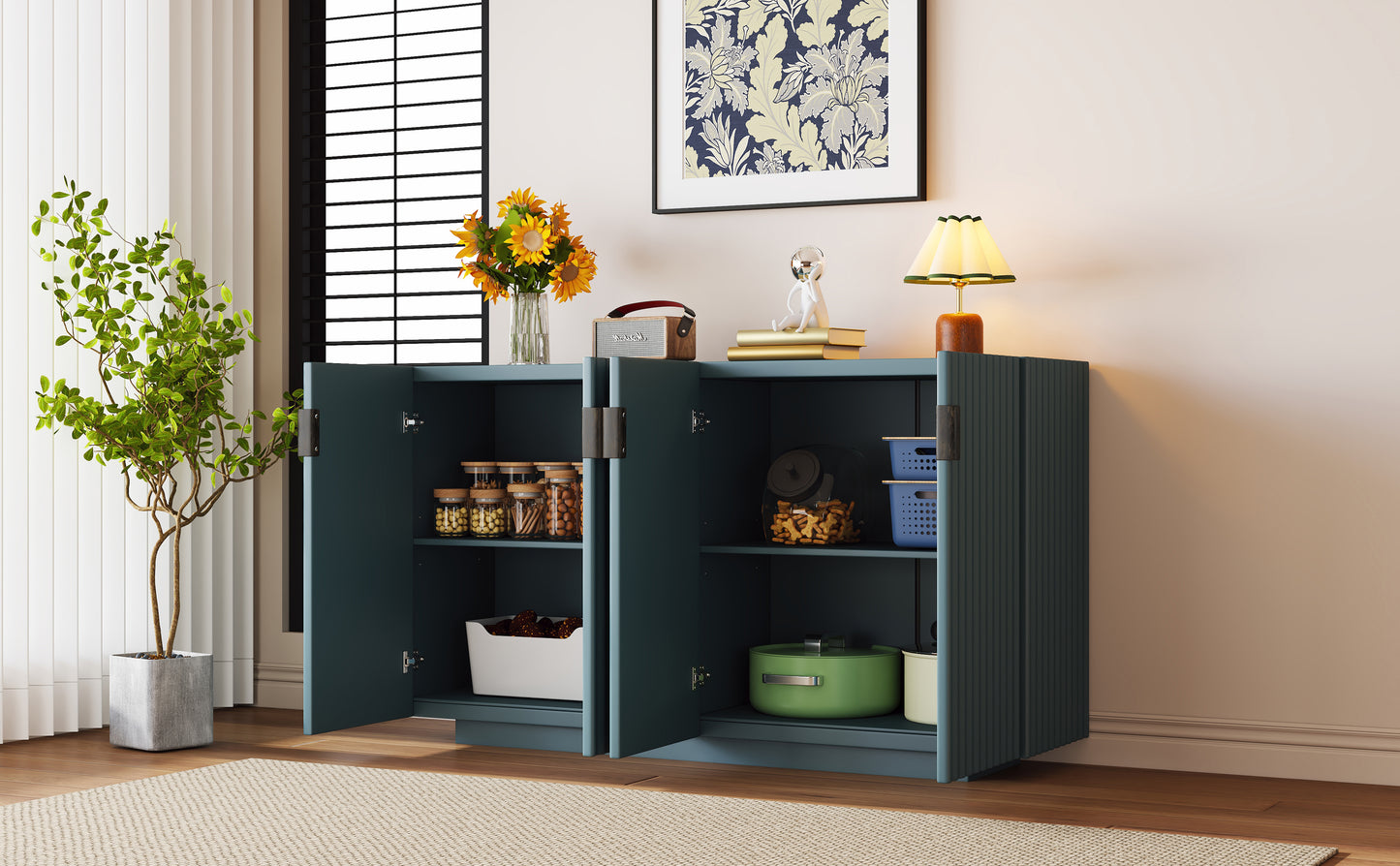 Lyons 4 Wavy Doors Ample Storage Space Sideboar - Teal