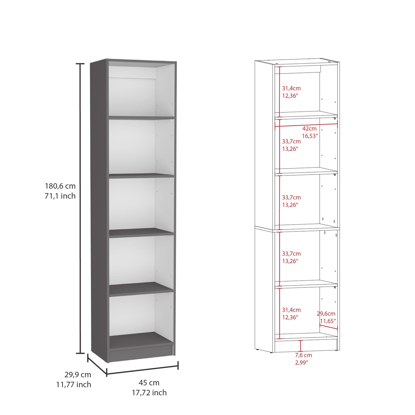 Kris Bookcase with 5-Tier Shelves - Gray