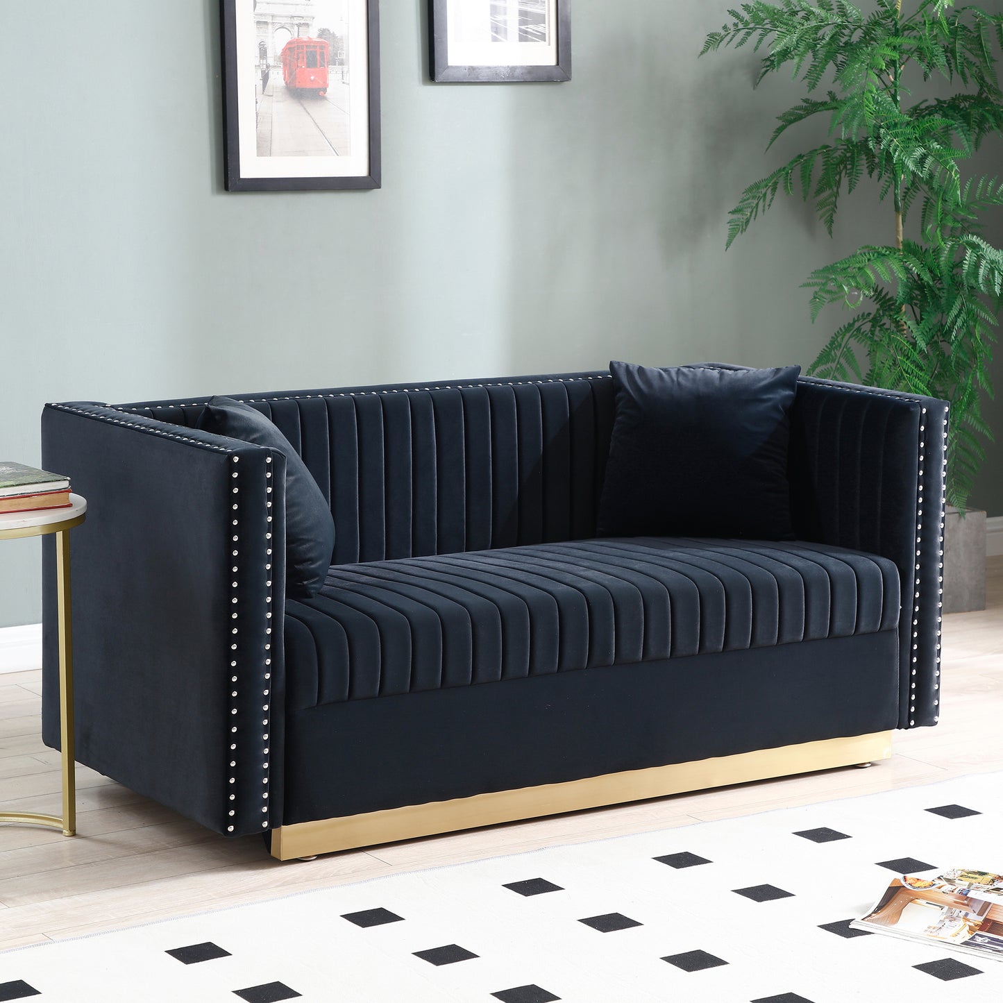 Alessia Tufted Velvet Sofa Loveseat with 2 pillows - Black