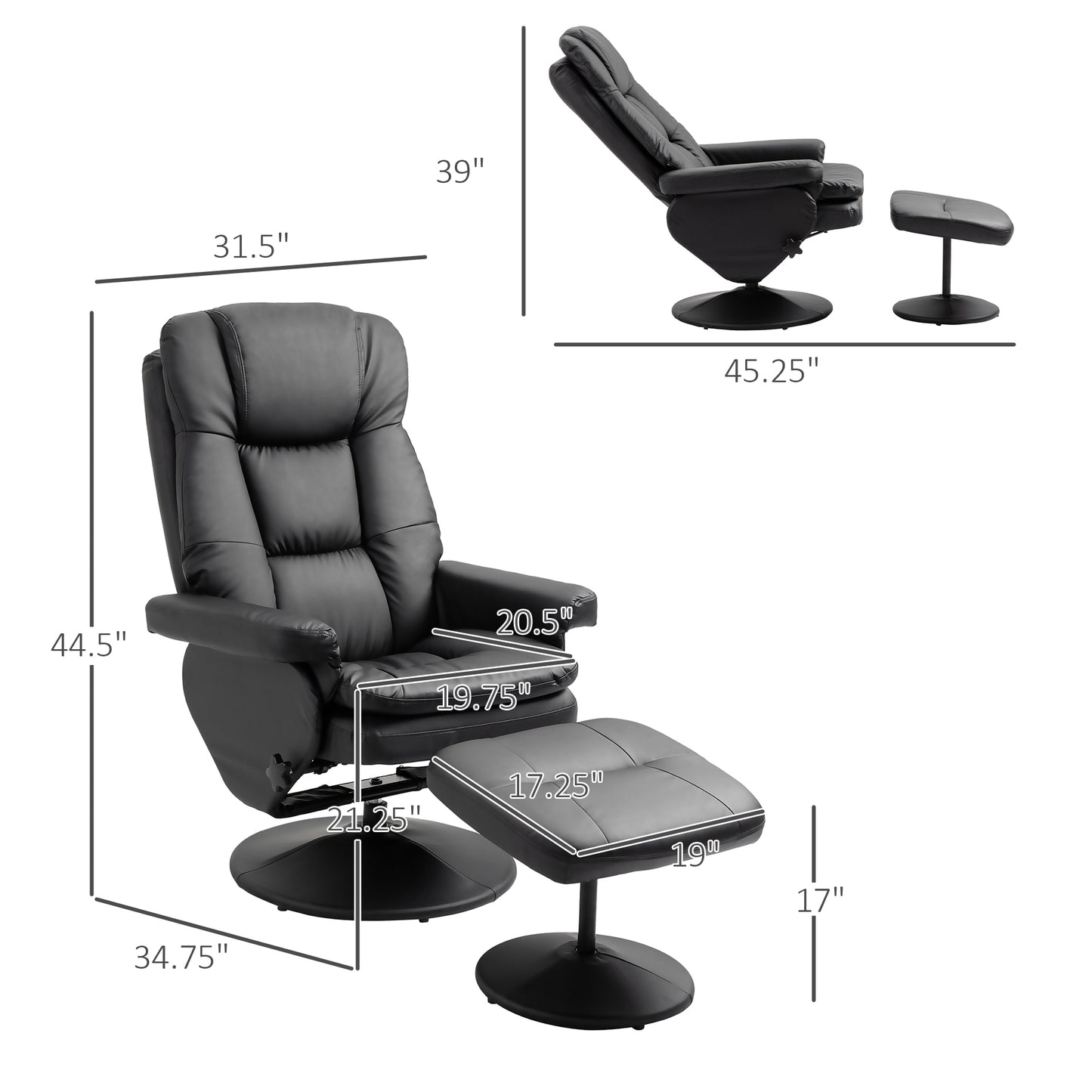 Morgan 360° Swivel Recliner Chair with Ottoman - Black