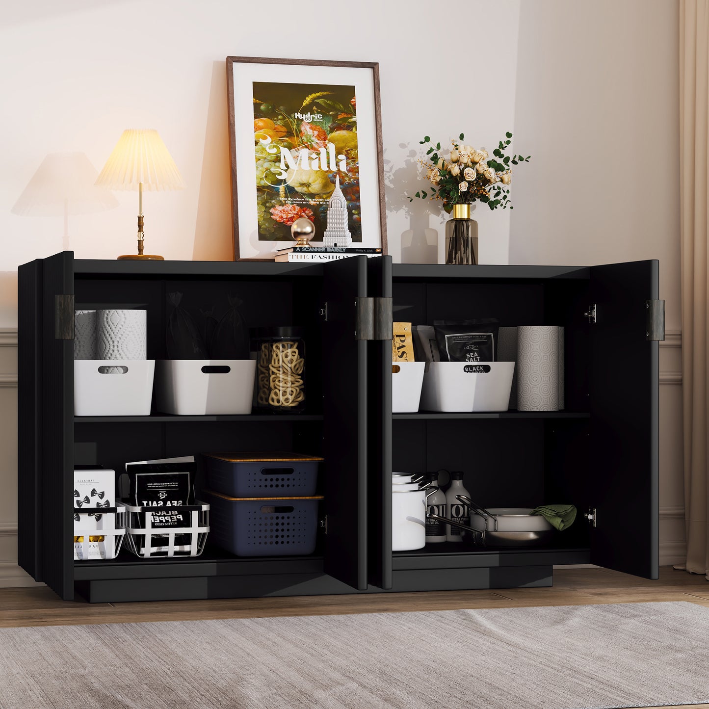 Lyons 4 Wavy Doors Ample Storage Space Sideboar - Black