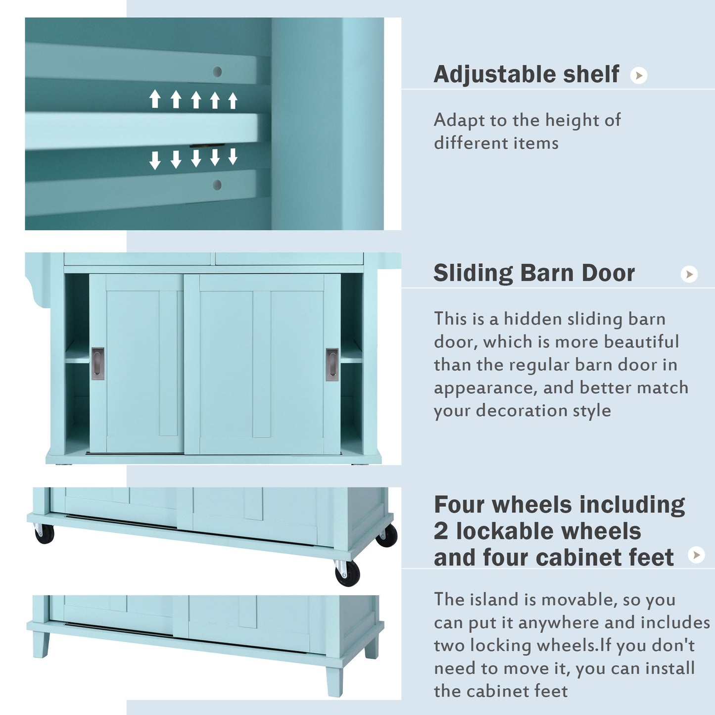 Culinary Kitchen Cart with Countertop With Barn Door - Mint Green