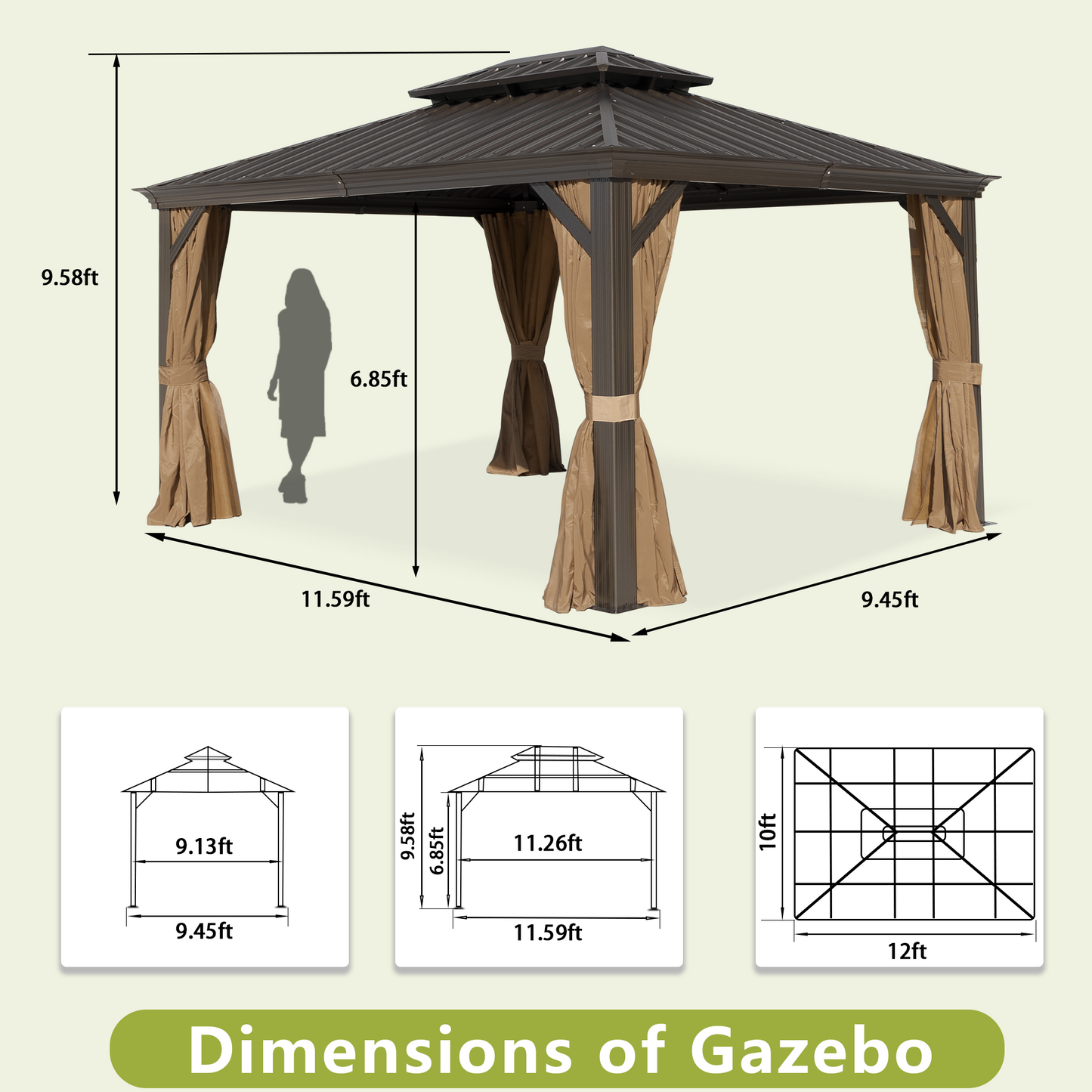 Delta 10X12 ft Patio Gazebo with Netting & Curtains - Brown