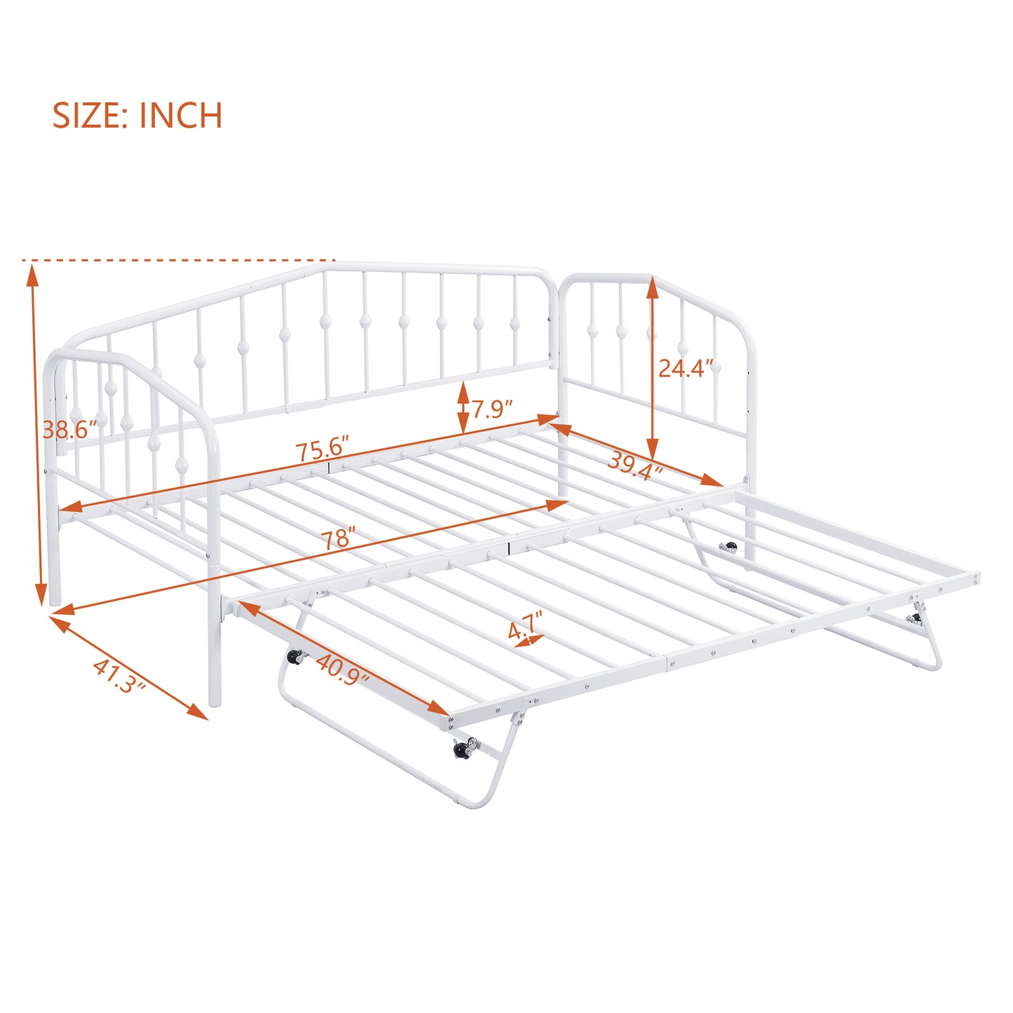 Zee Twin Size Metal Daybed with Twin Size Adjustable Trundle - White
