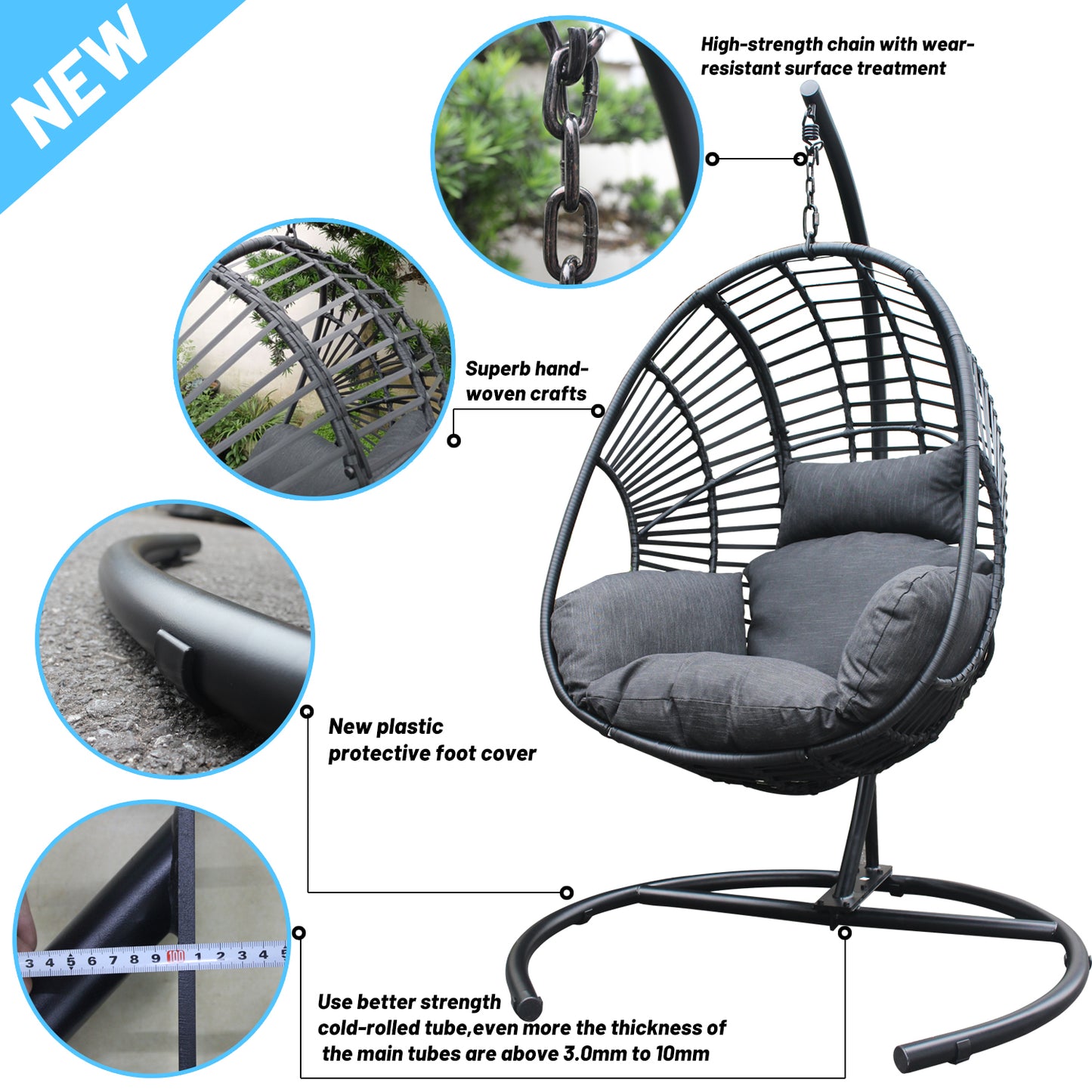 Beebe Wicker Swing Chair With Stand - Black