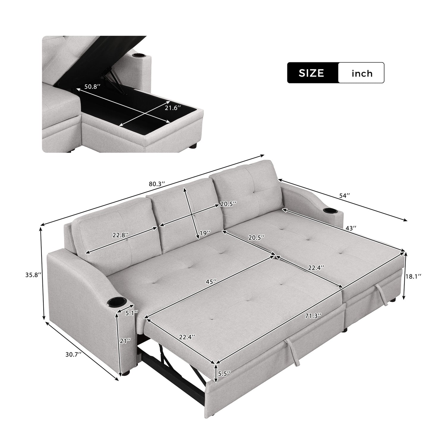 Oris Padded Pull Out Sofa Bed - Gray
