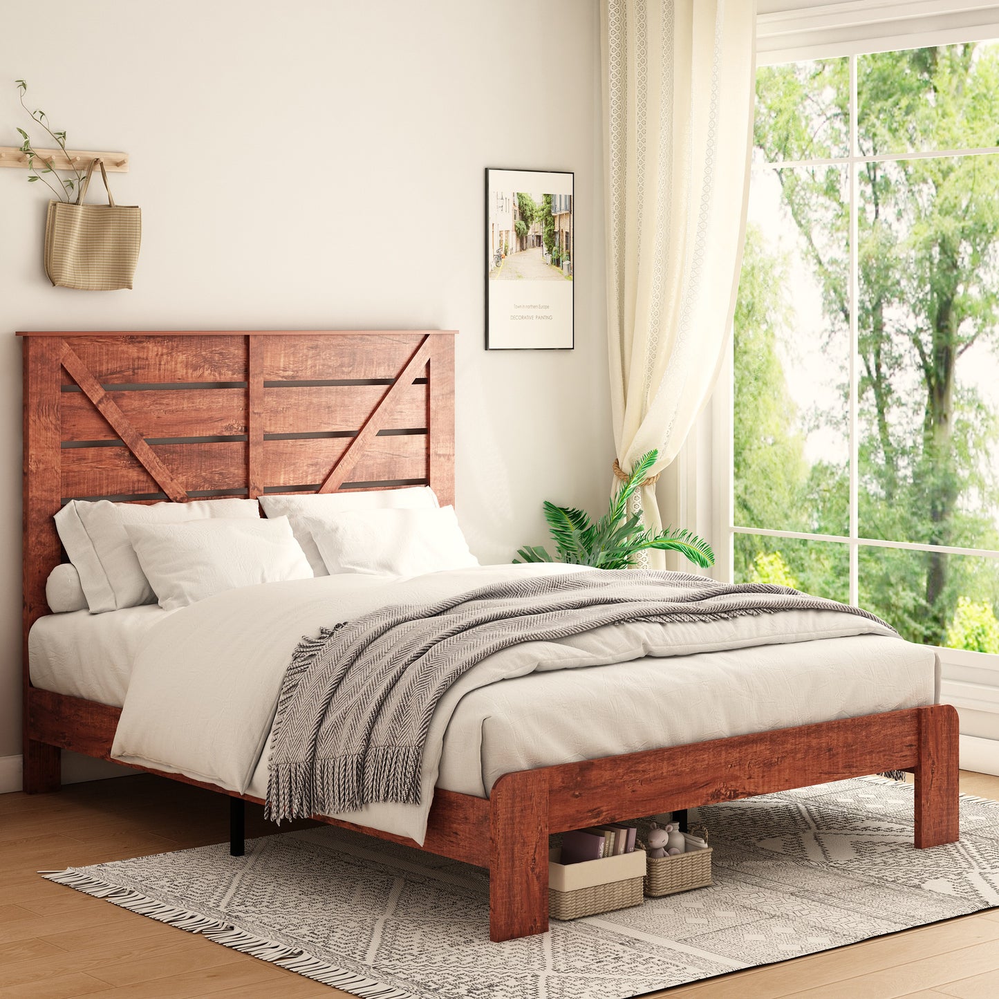 Olmi Queen Size Wood Platform Bed Frame - Dark Brown