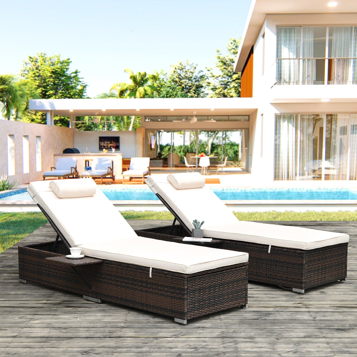 Valencia Outdoor PE Wicker Chaise Lounge (Set of 2) - Beige