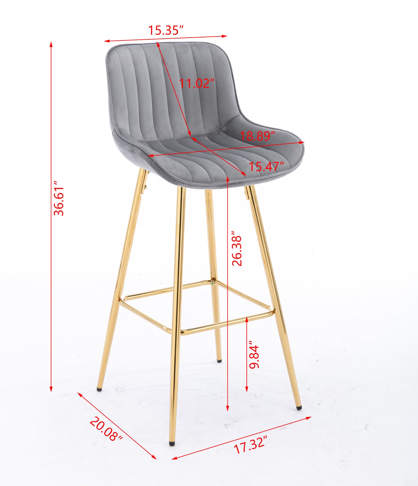 26 Inch Vista Bar Stools with Chrome Footrest Velvet Fabric Golden Leg - Gray Set of 2