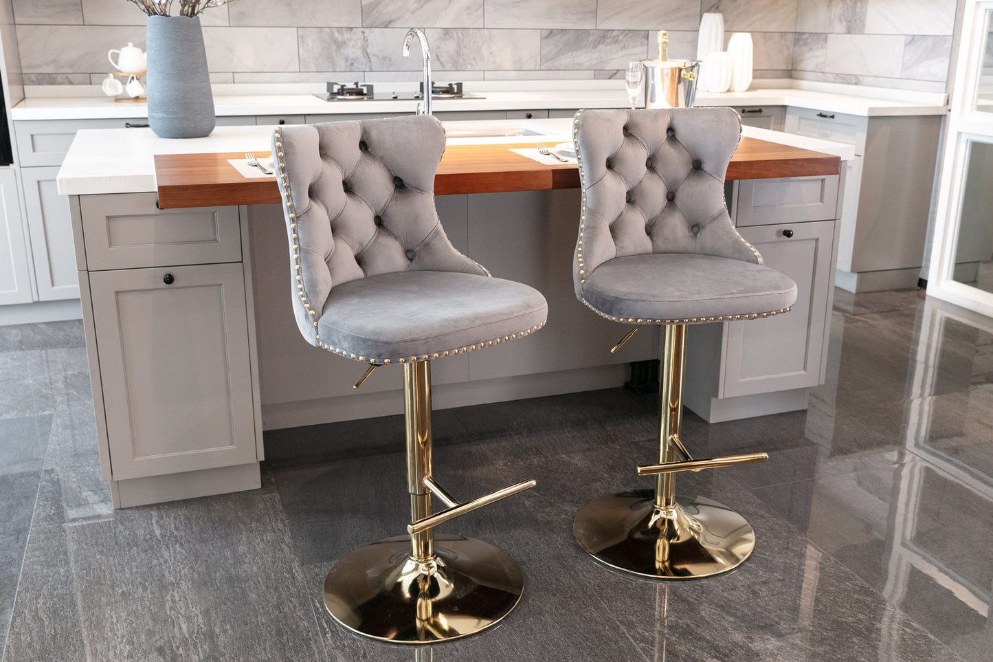 Stellar Golden Swivel Velvet Barstools Adjusatble Height - Gray Set of 2