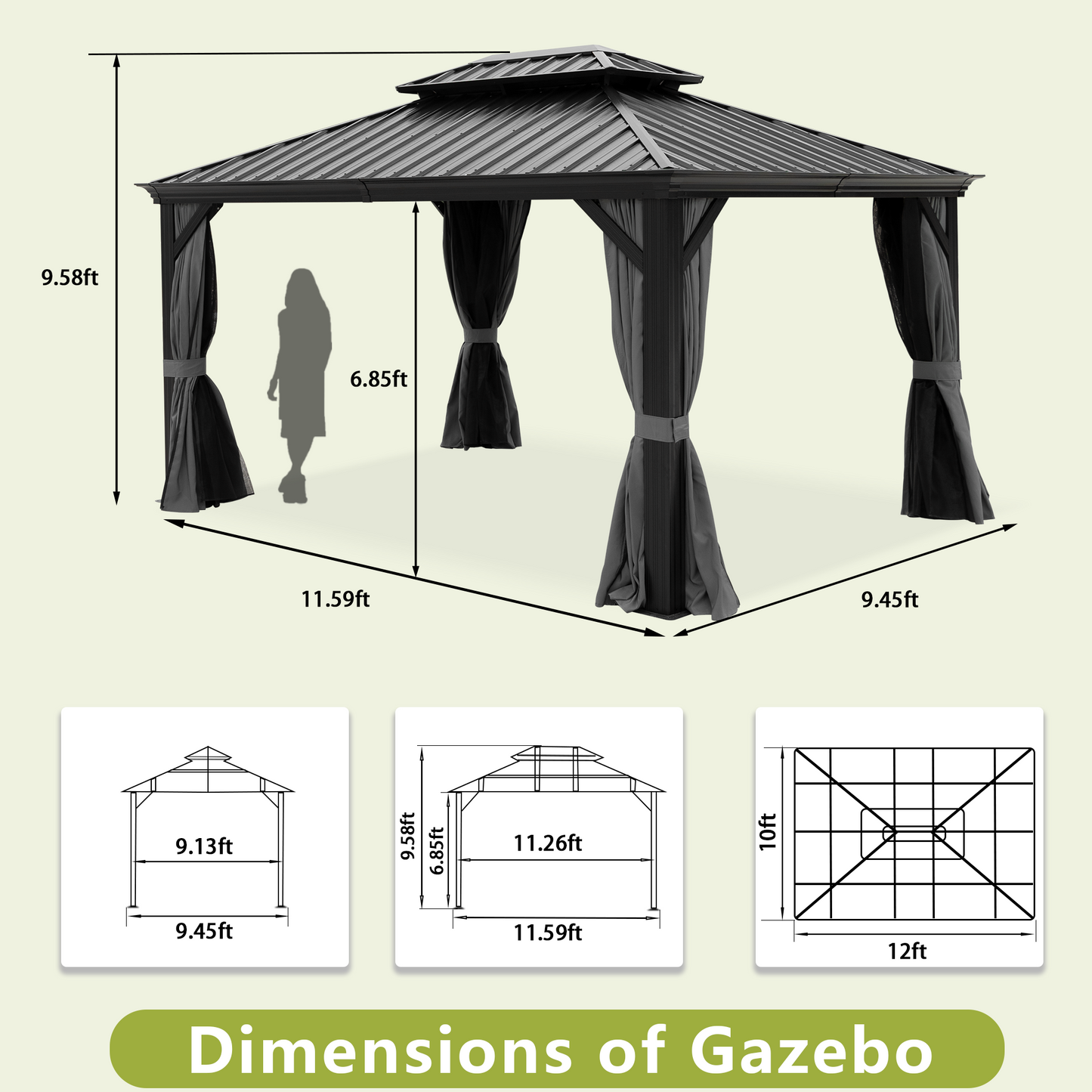 Delta 10X12 ft Patio Gazebo with Netting & Curtains - Black