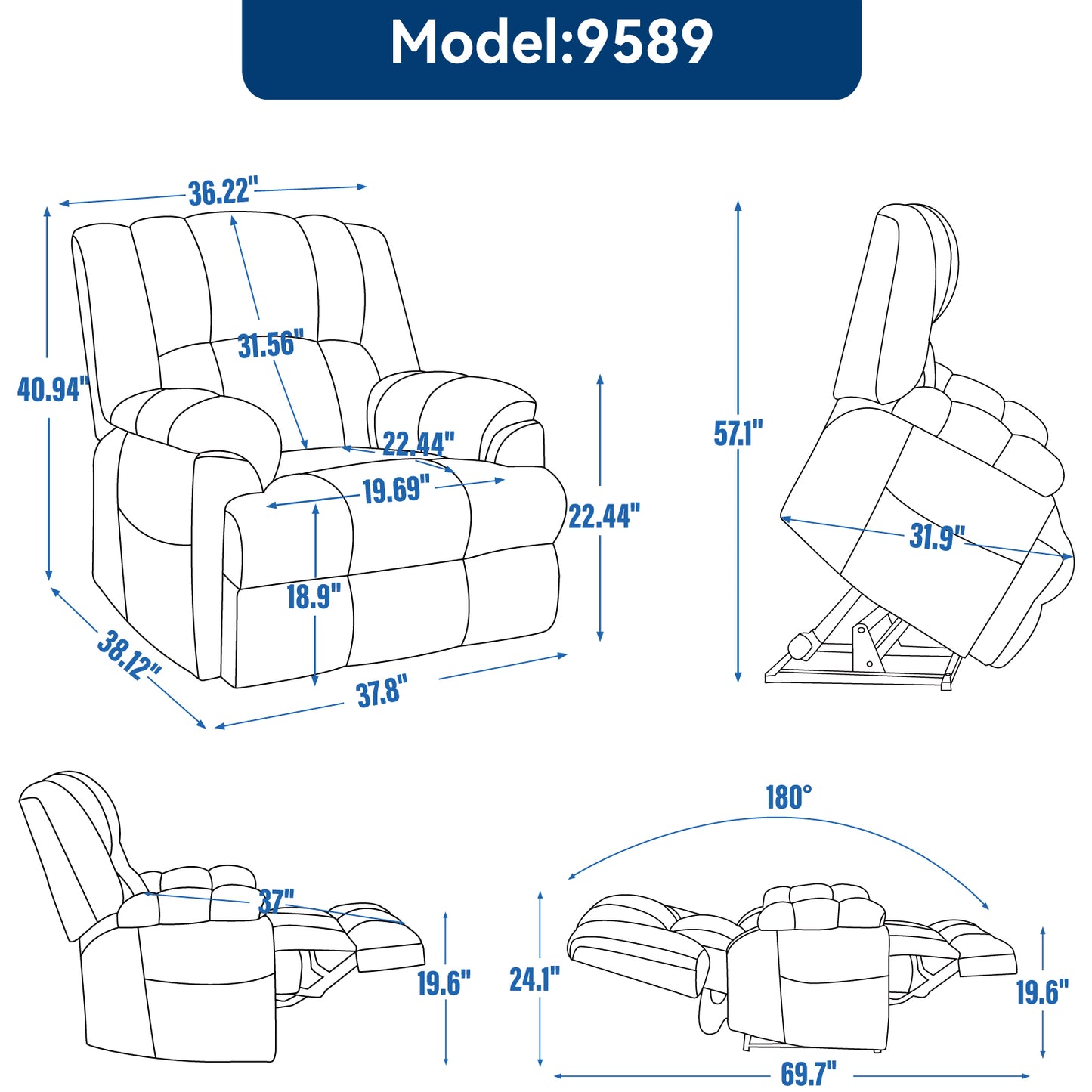 Nia Dual Motor Power Recliners Heat Massage - Blue