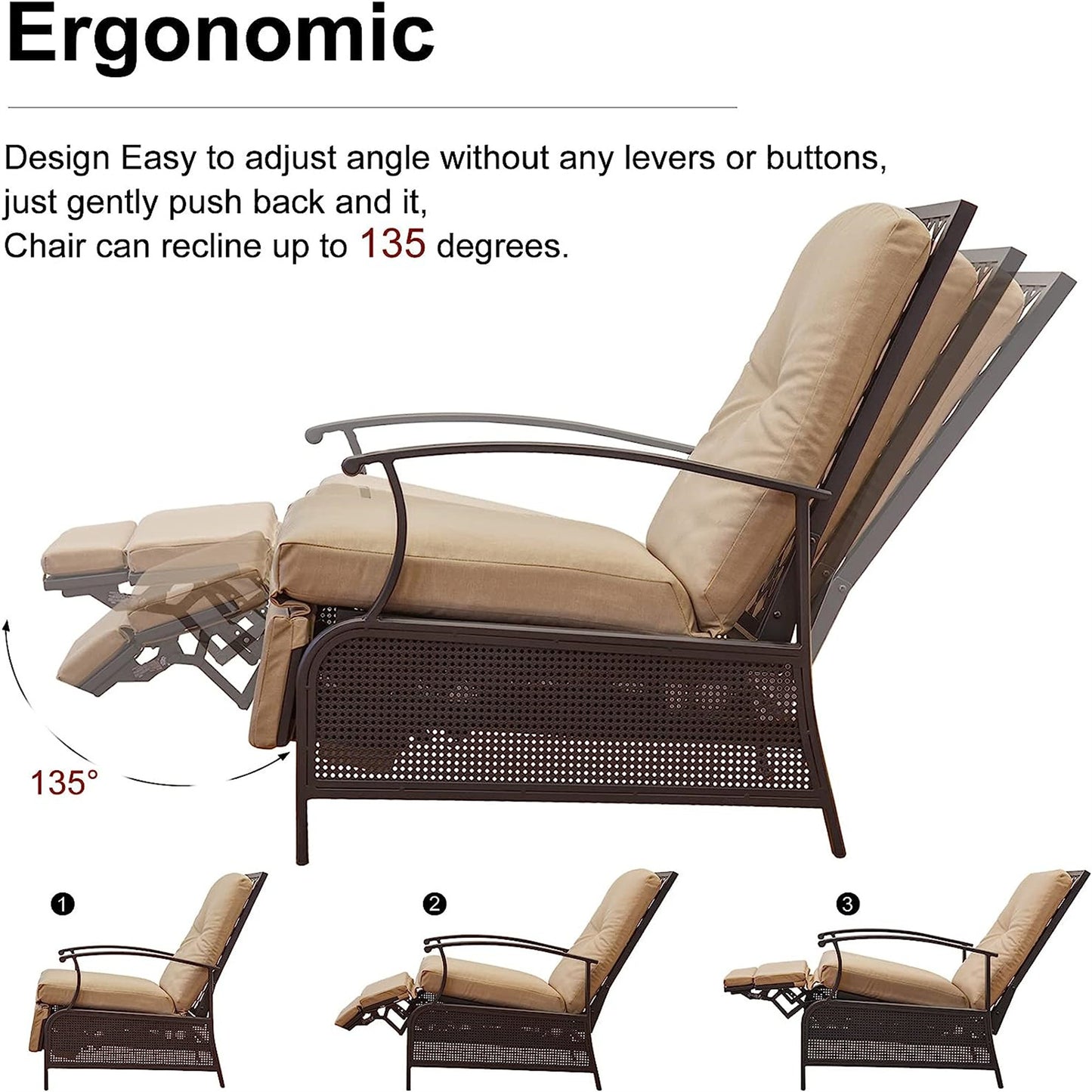 Fio Patio Metal Frame Recliner Chair with Cushions - Khaki