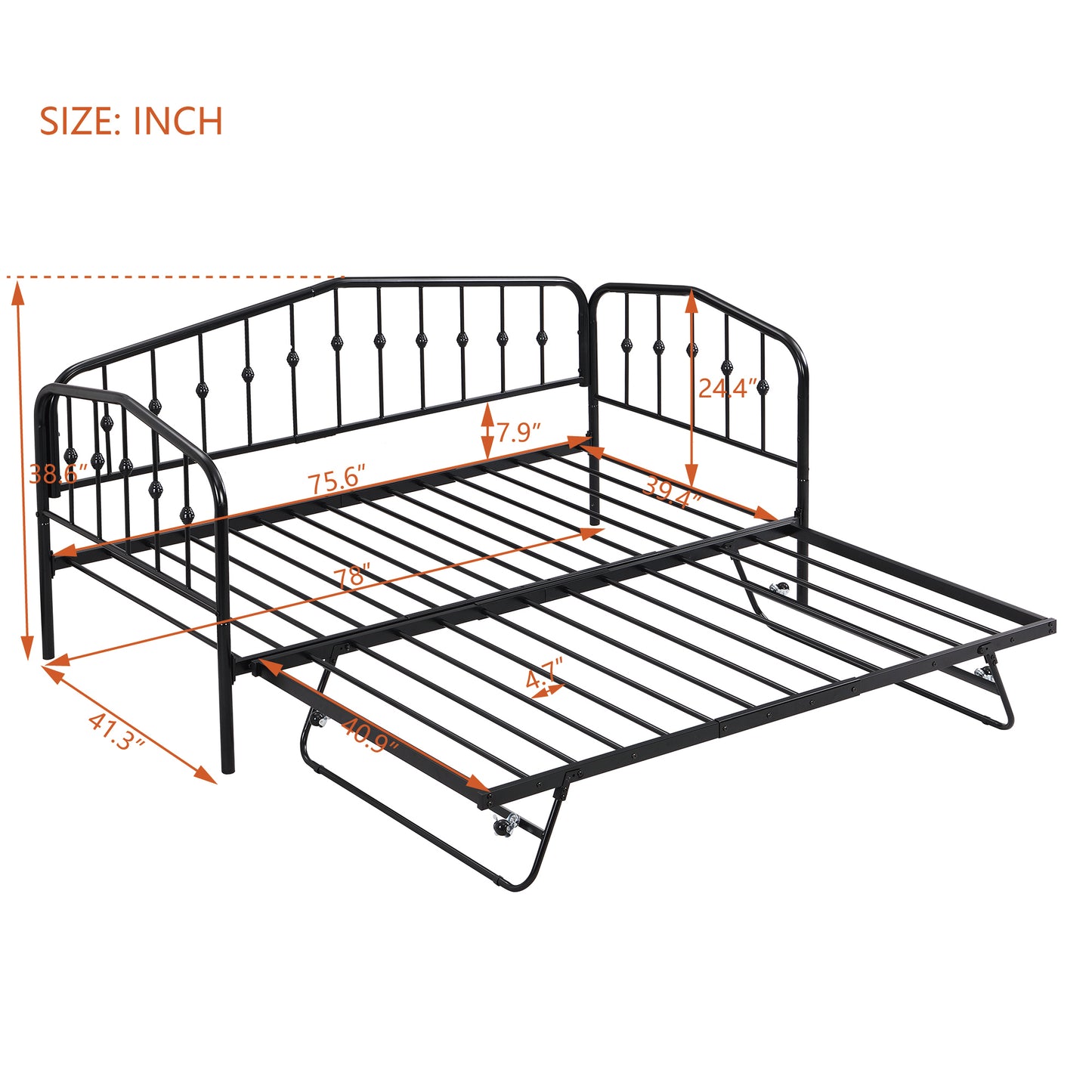 Zee Twin Size Metal Daybed with Twin Size Adjustable Trundle - Black