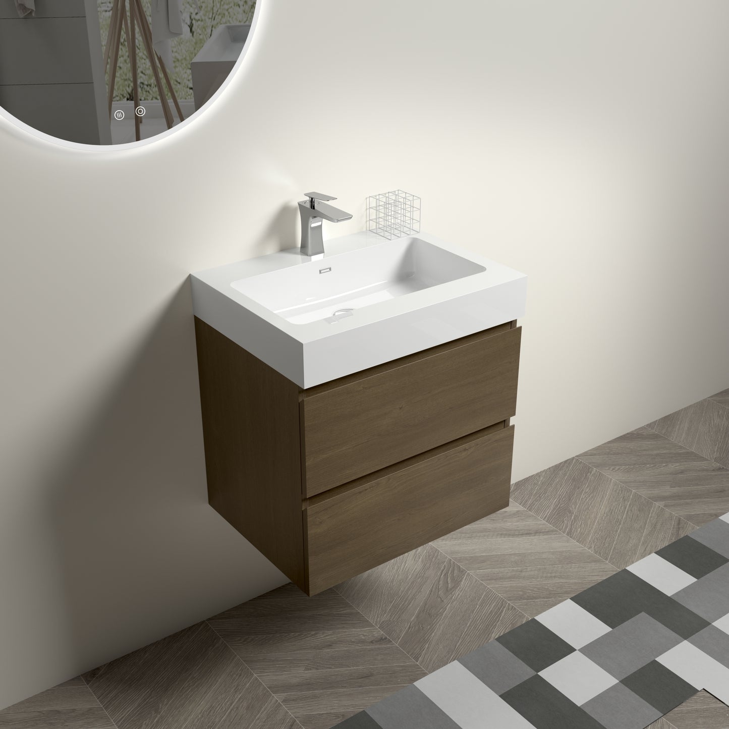 Bathroom Floating Vanity with Sink - Dark Oak