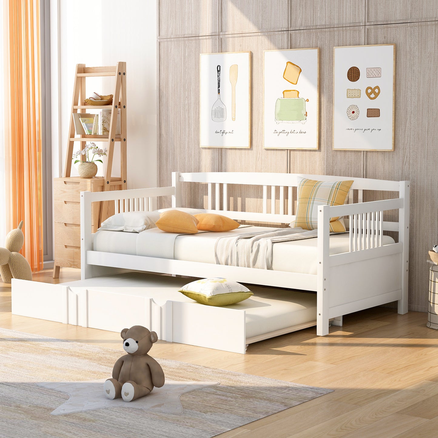 Lex Twin Size Wooden Daybed with Twin Size Trundle - White