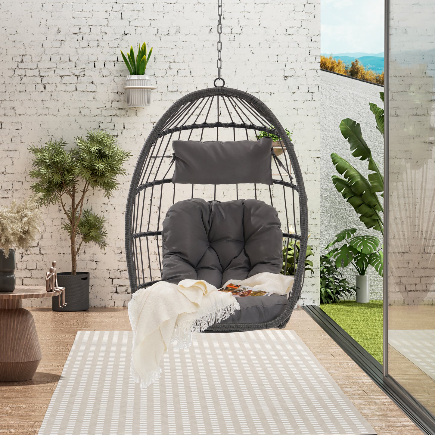Outdoor Garden Rattan Egg Swing Chair Hanging Chair Wood