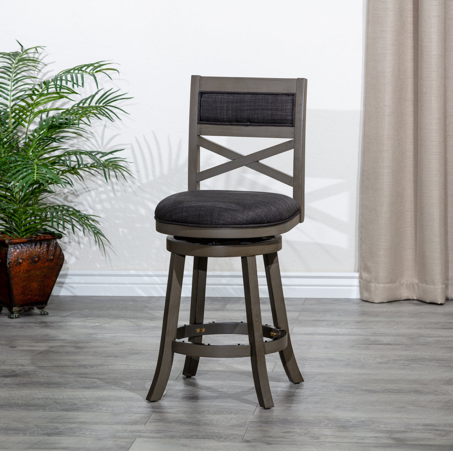 X-Back Swivel Stool, Weathered Gray Finish Grey, Charcoal Fabric Seat