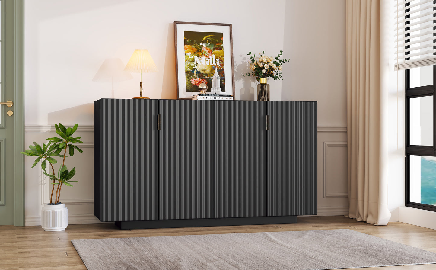 Lyons 4 Wavy Doors Ample Storage Space Sideboar - Black