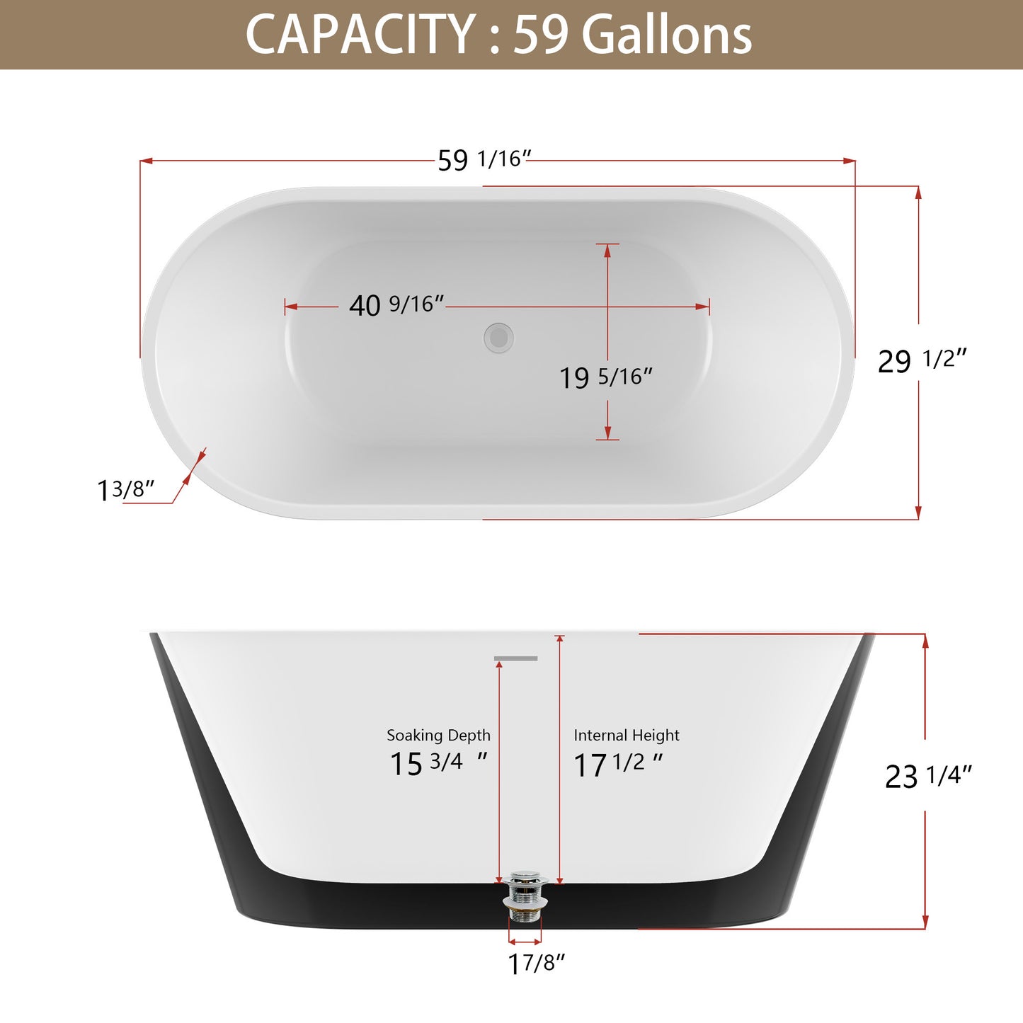 Madison 59" Minimalist Acrylic Freestanding Soaking Bathtub - Matte Black