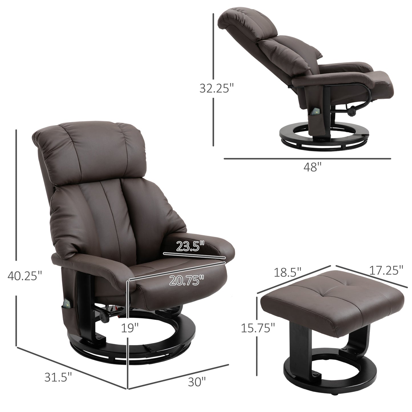 Harvey 360° Swivel Massage Recliner Chair with Ottoman - Brown