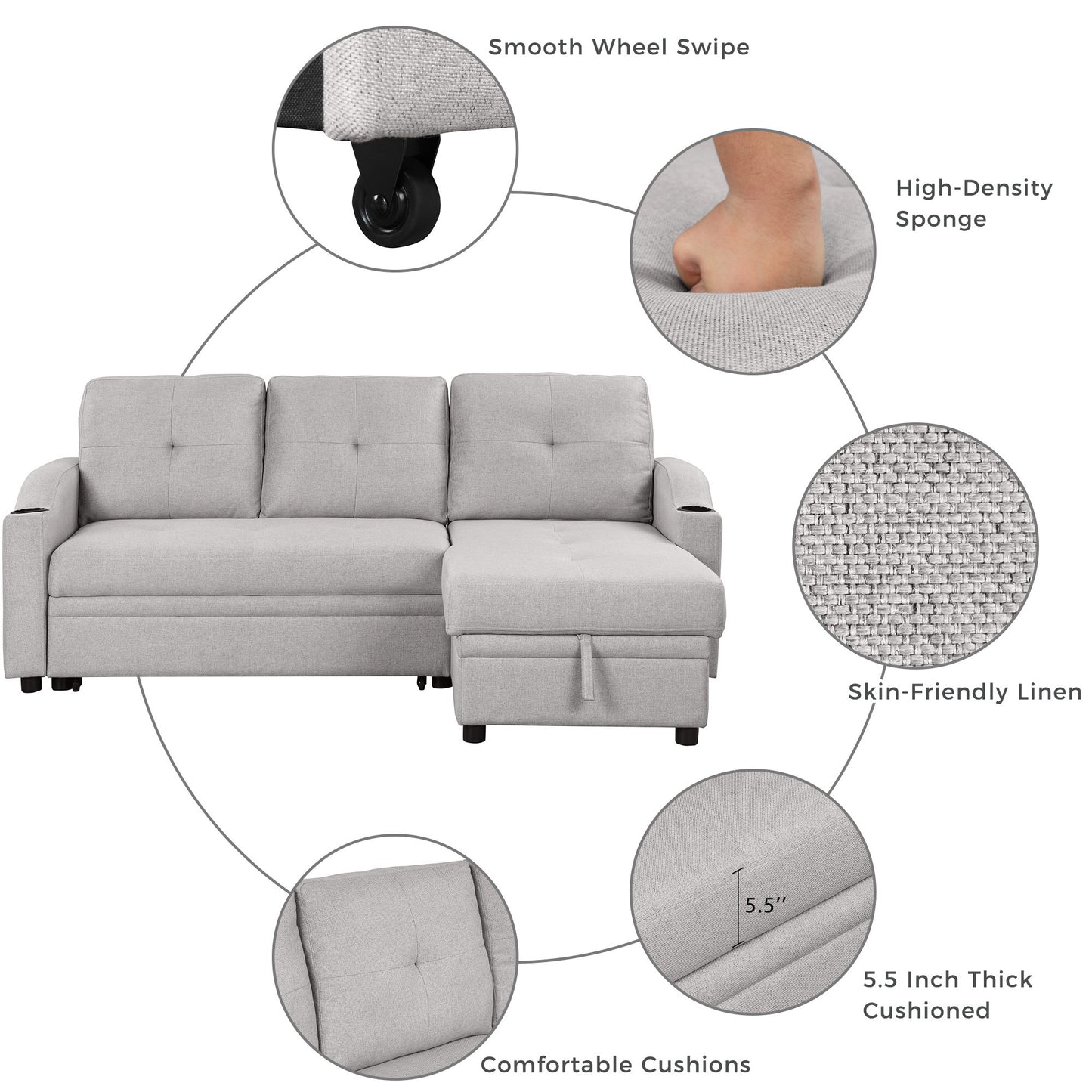 Oris Padded Pull Out Sofa Bed - Gray