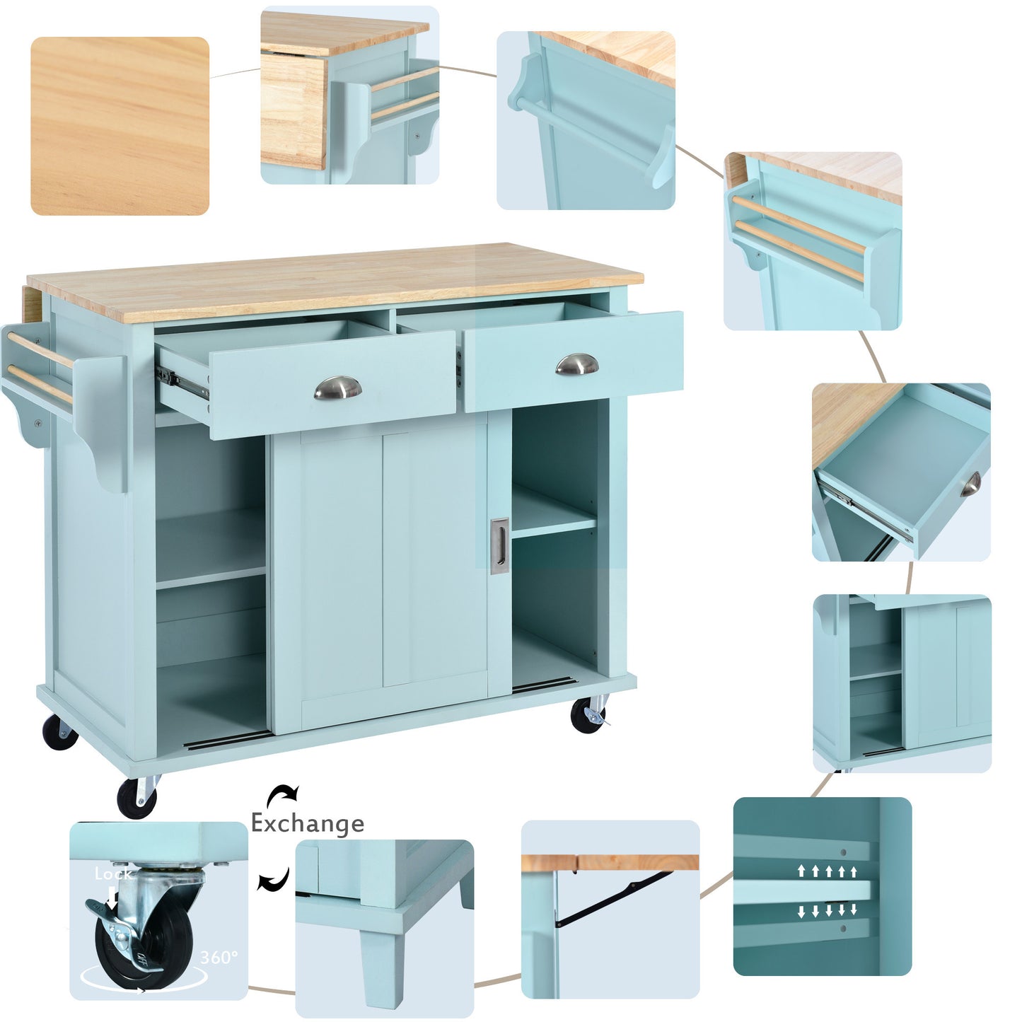 Culinary Kitchen Cart with Countertop With Barn Door - Mint Green