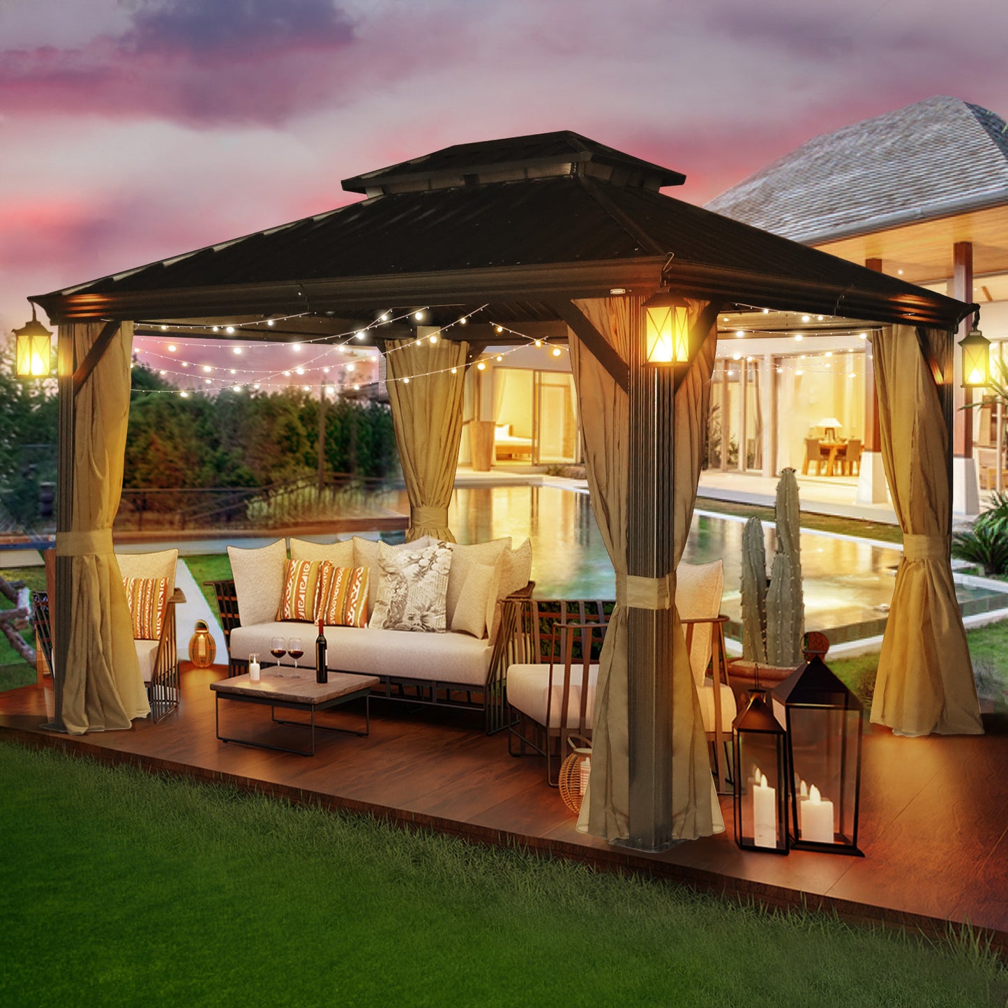Delta 10X12 ft Patio Gazebo with Netting & Curtains - Brown