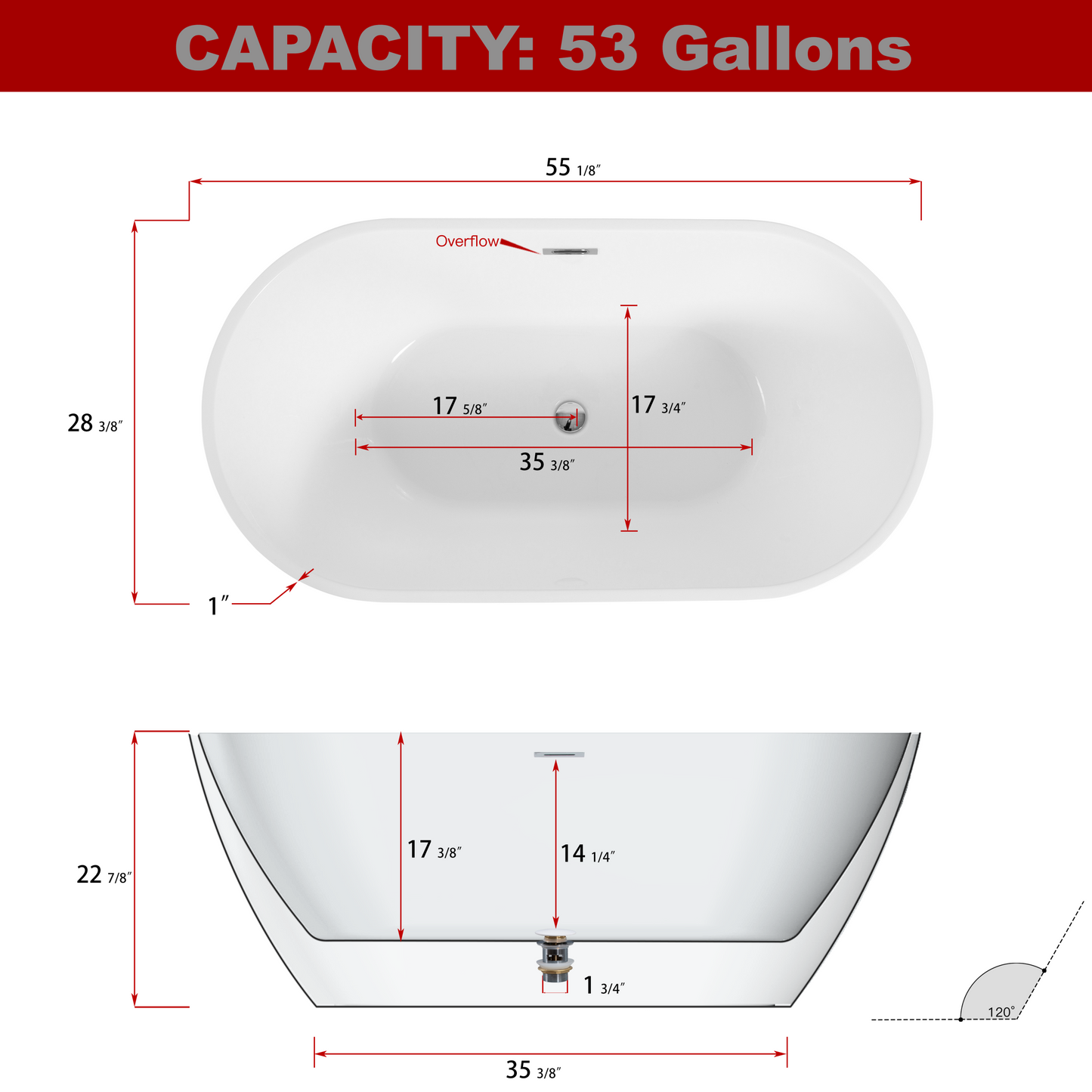 Sleek 55 " Acrylic Freestanding Soaking Bathtub - White