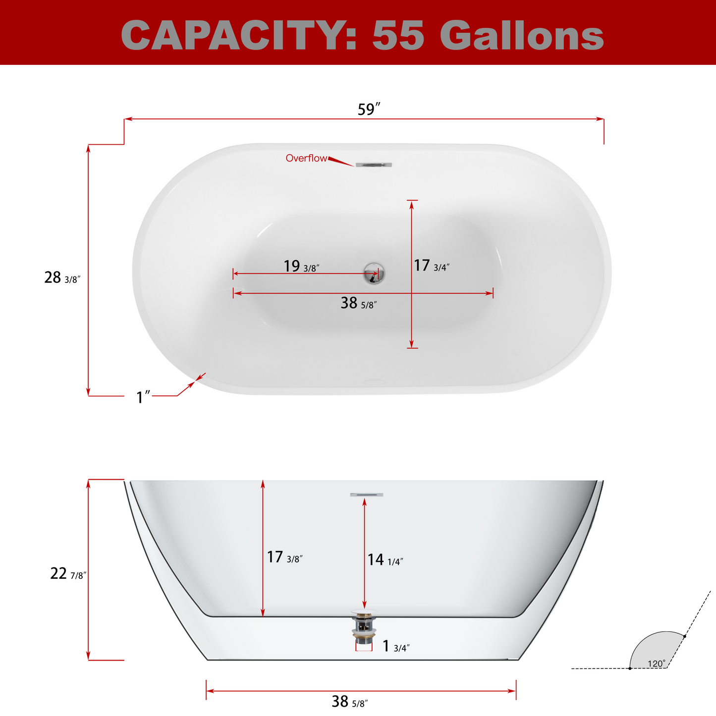 Sleek 59" Acrylic Freestanding Soaking Bathtub - Black