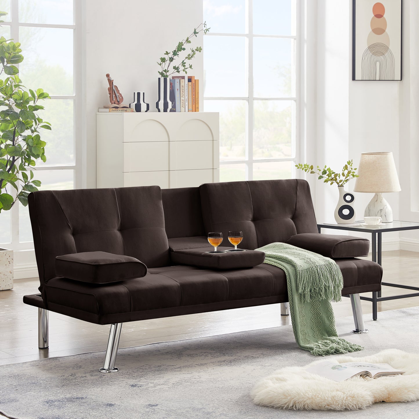 Yukon Fabric Futon Sofa Bed with Metal Legs - Brown