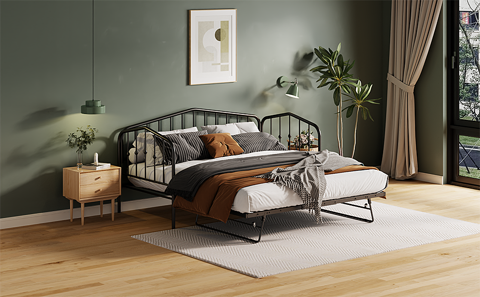 Zee Twin Size Metal Daybed with Twin Size Adjustable Trundle - Black
