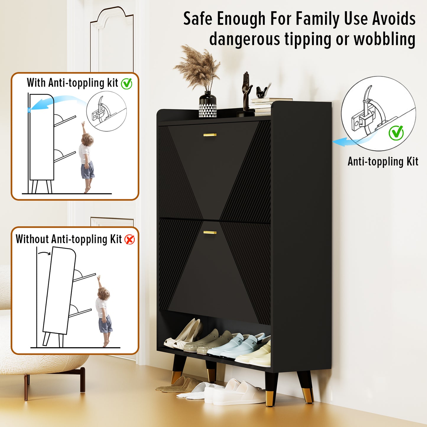 Triumph Two Flip-top Drawers Shoe Cabinet - Black