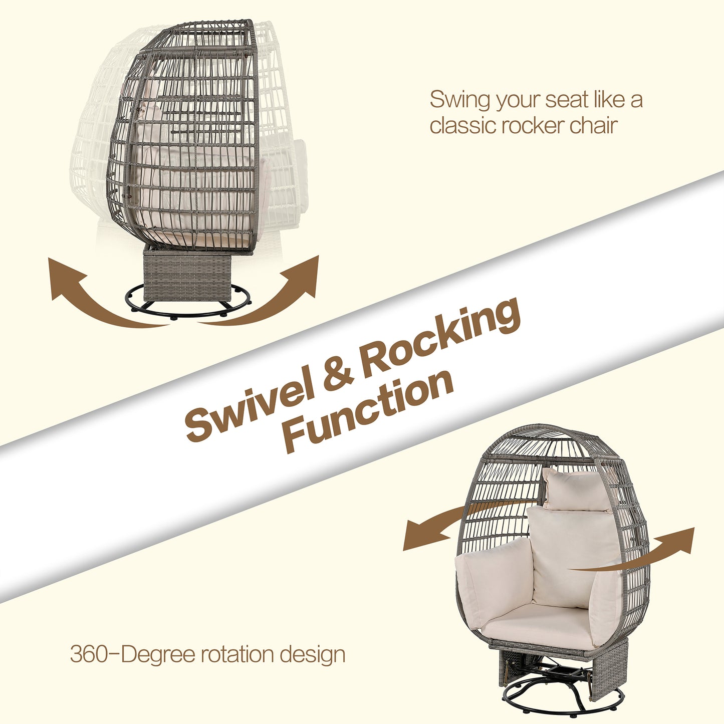 Bell Outdoor Swivel Chair with Cushion (Gray Wicker + Beige Cushion)