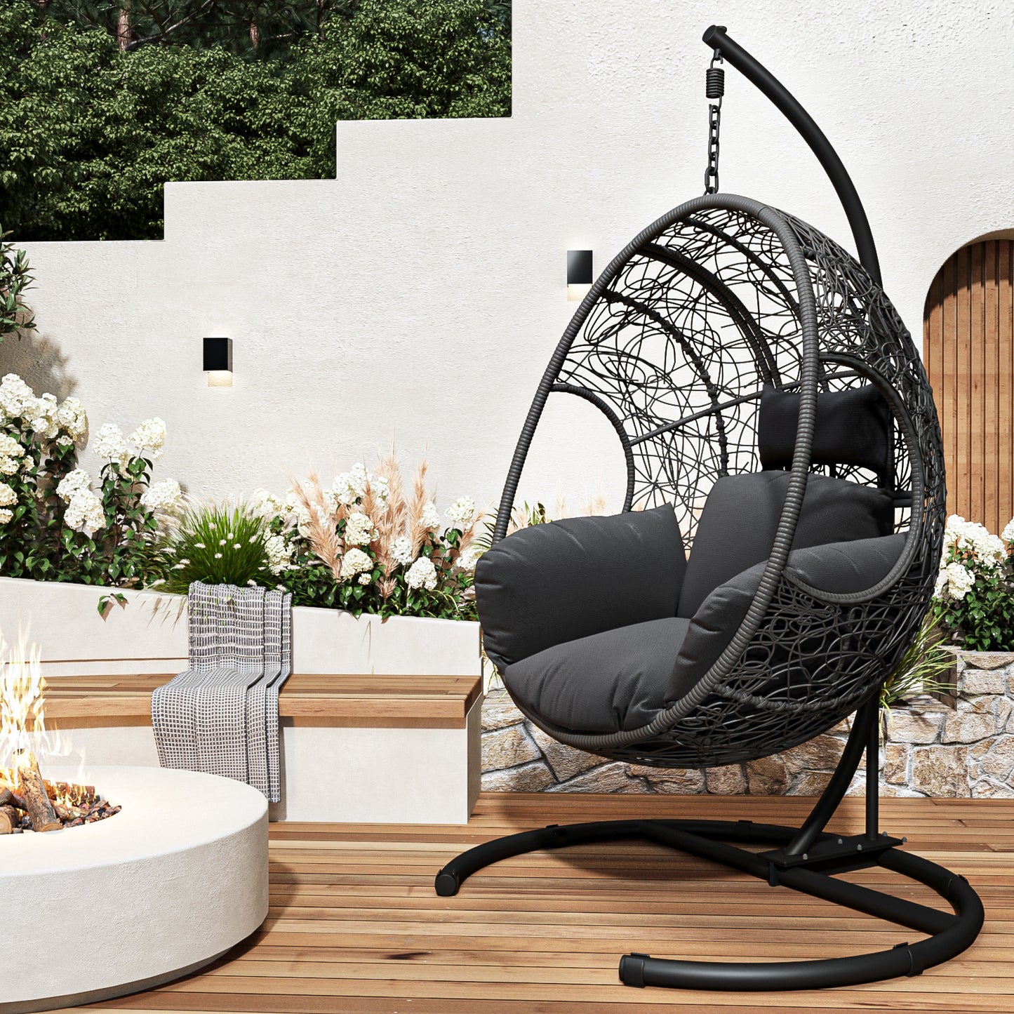 Beebe Wicker Swing Chair With Stand - Gray