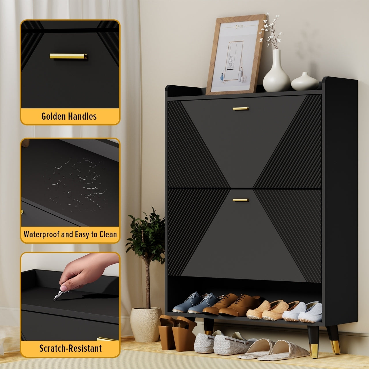 Triumph Two Flip-top Drawers Shoe Cabinet - Black
