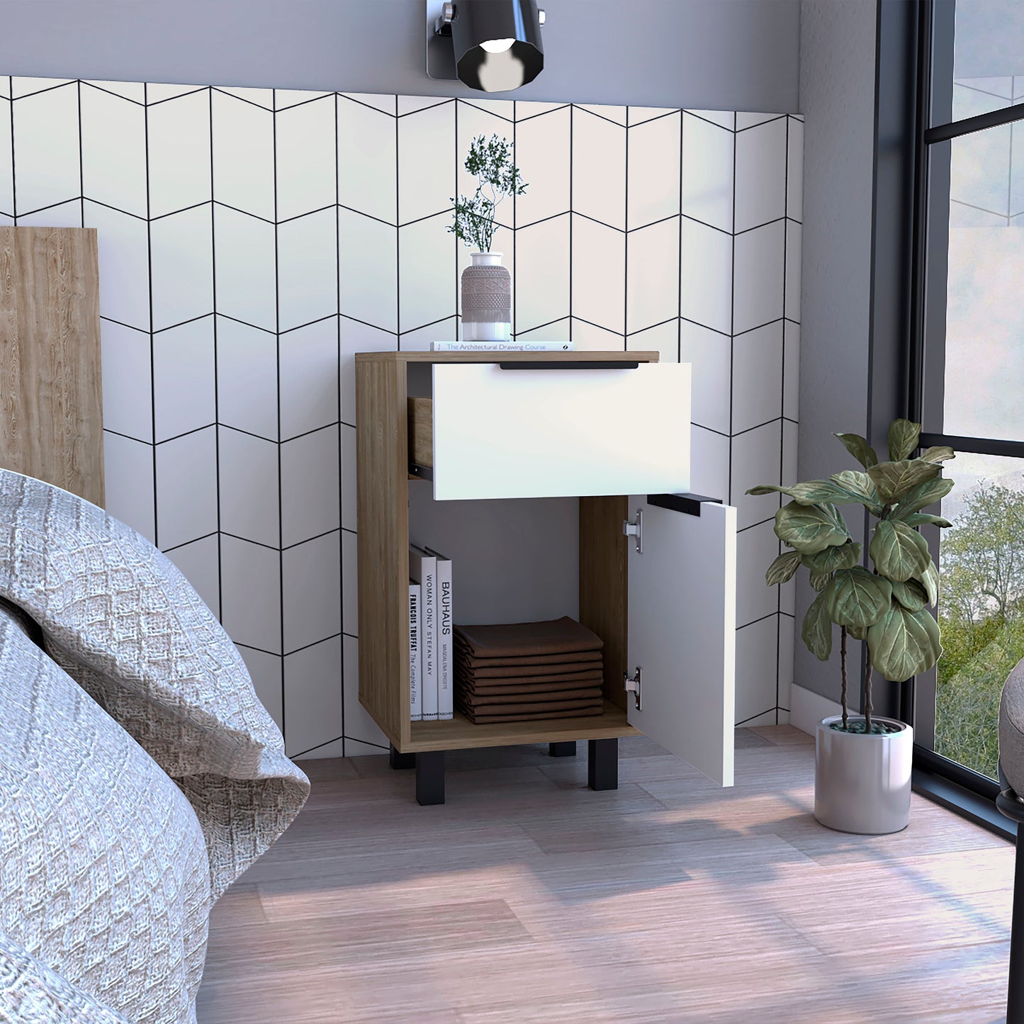 Kaia Z Nightstand One Drawe One Cabinet - Pine/White