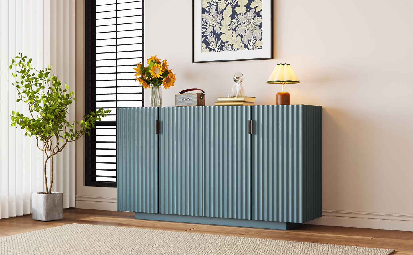 Lyons 4 Wavy Doors Ample Storage Space Sideboar - Teal