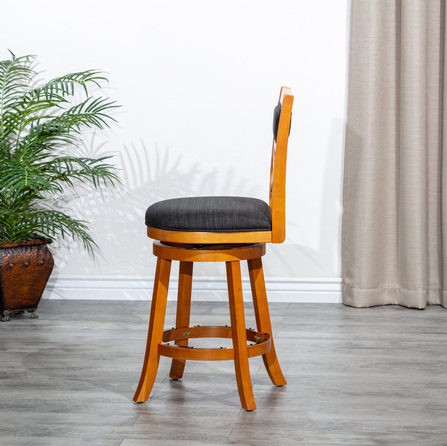 Counter Height X-Back Swivel Stool, Natural Finish, Charcoal Fabric Seat