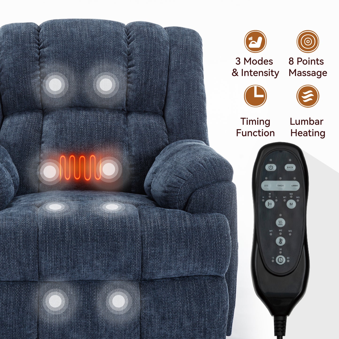 Nia Dual Motor Power Recliners Heat Massage - Blue