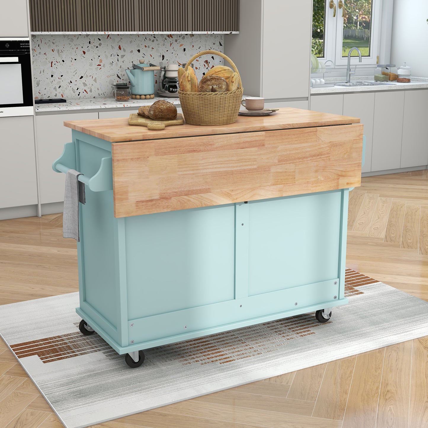 Culinary Kitchen Cart with Countertop With Barn Door - Mint Green