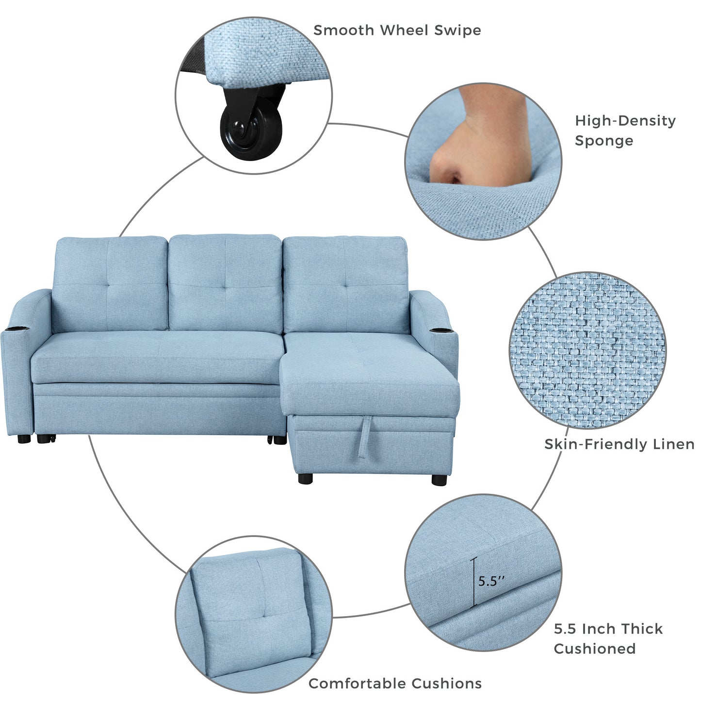Oris Padded Pull Out Sofa Bed - Blue