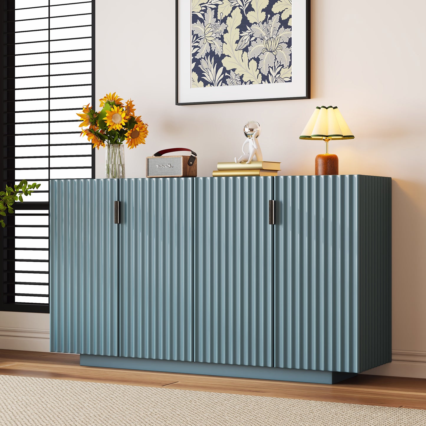 Lyons 4 Wavy Doors Ample Storage Space Sideboar - Teal