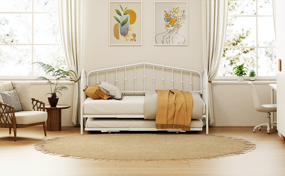 Zee Twin Size Metal Daybed with Twin Size Adjustable Trundle - White