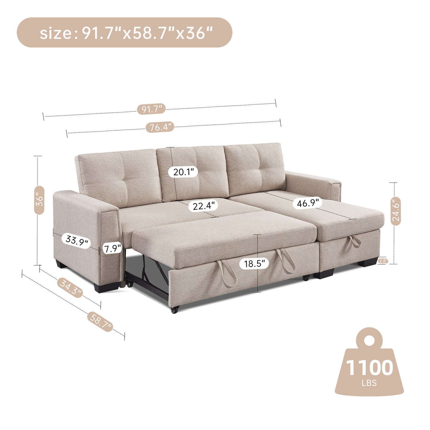 Panora L-Shape Pull-Out Sleeper Sectional Sofa - Beige