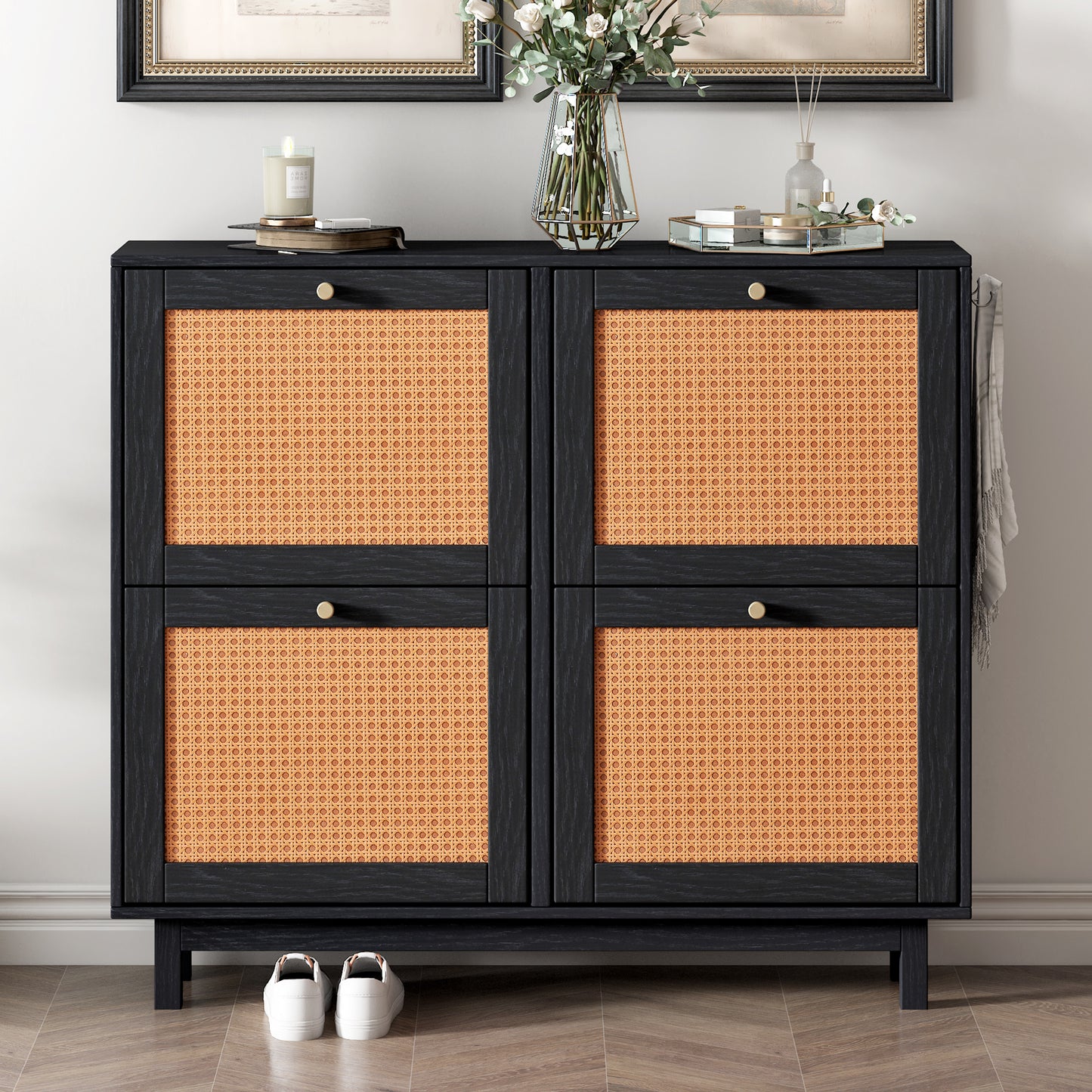 Rattan Boho Style Shoe Cabinet - Black