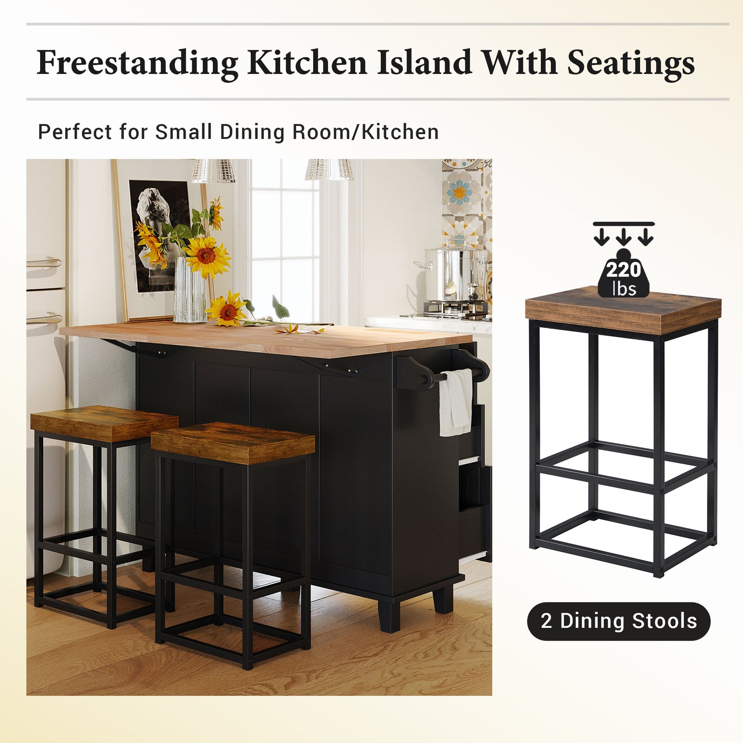 TOPMAX Kitchen Island Set with 2 Seatings - Black