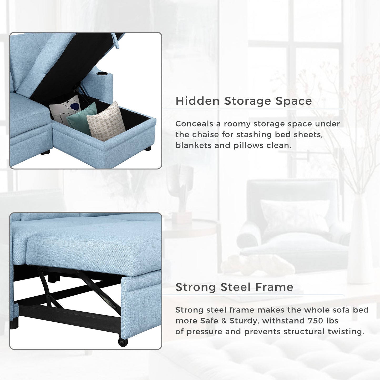 Oris Padded Pull Out Sofa Bed - Blue